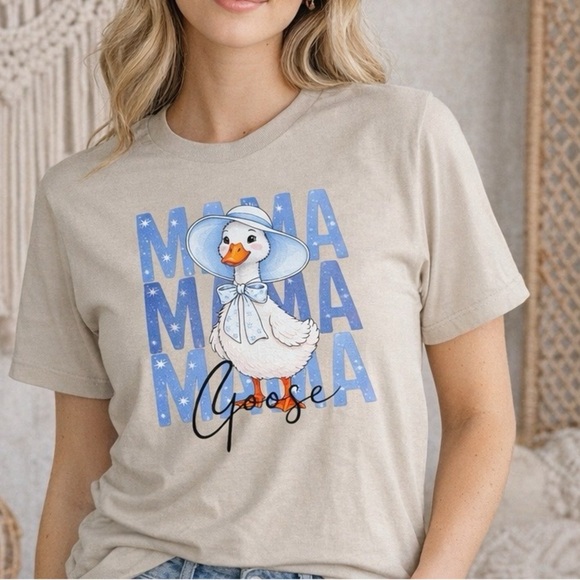 Viva Little Shop handmade Tops - Mama Goose Graphic Tee | Cute Mom Shirt | Beige and blue design Unisex T-Shirt